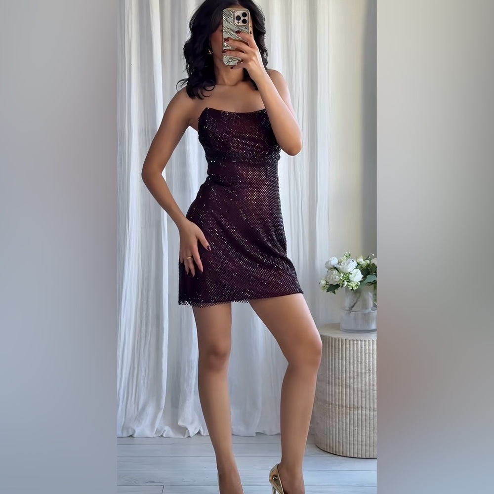Zara Burgundy Wine Color Sequin Sparkly Strapless Mini Party Dress (Size XS)